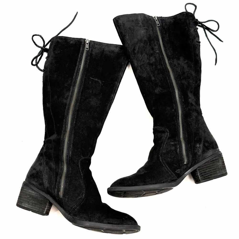 Born Felicia Distressed Black Suede Knee-High Lace & Side Zip Boots Womens 9.5 - Picture 3 of 12